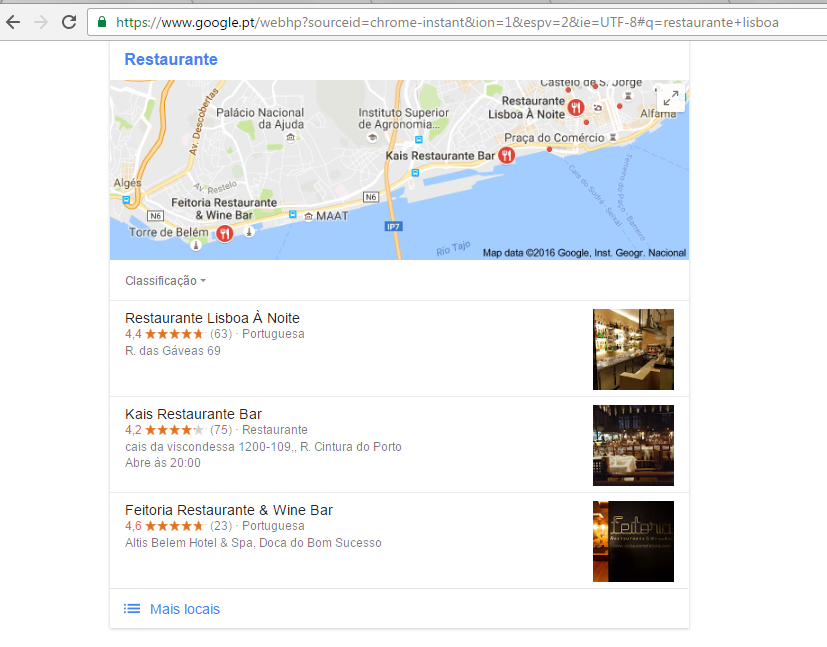 Resltados no Google.PT Restaurante + Lisboa